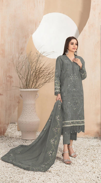 Dark Grey Faux Georgette Semi Stitched Suit with Embroidery Work