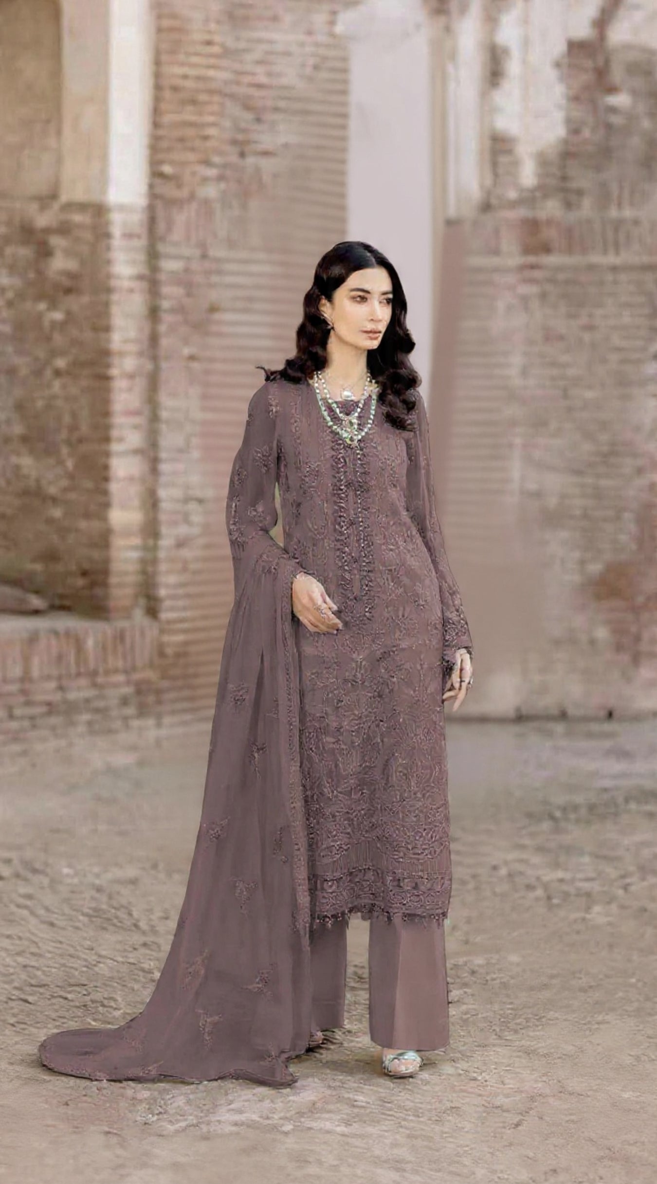 Brown Faux Georgette Semi Stitched Suit with Embroidery Work