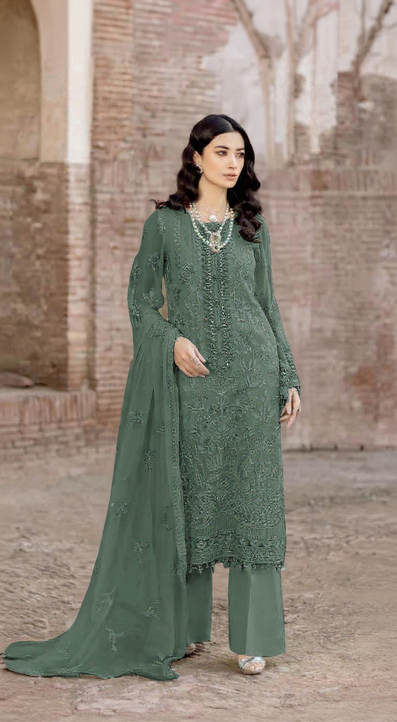 Green Faux Georgette Semi Stitched Suit with Embroidery Work