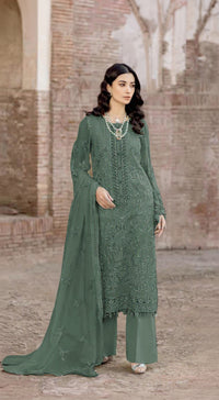 Green Faux Georgette Semi Stitched Suit with Embroidery Work