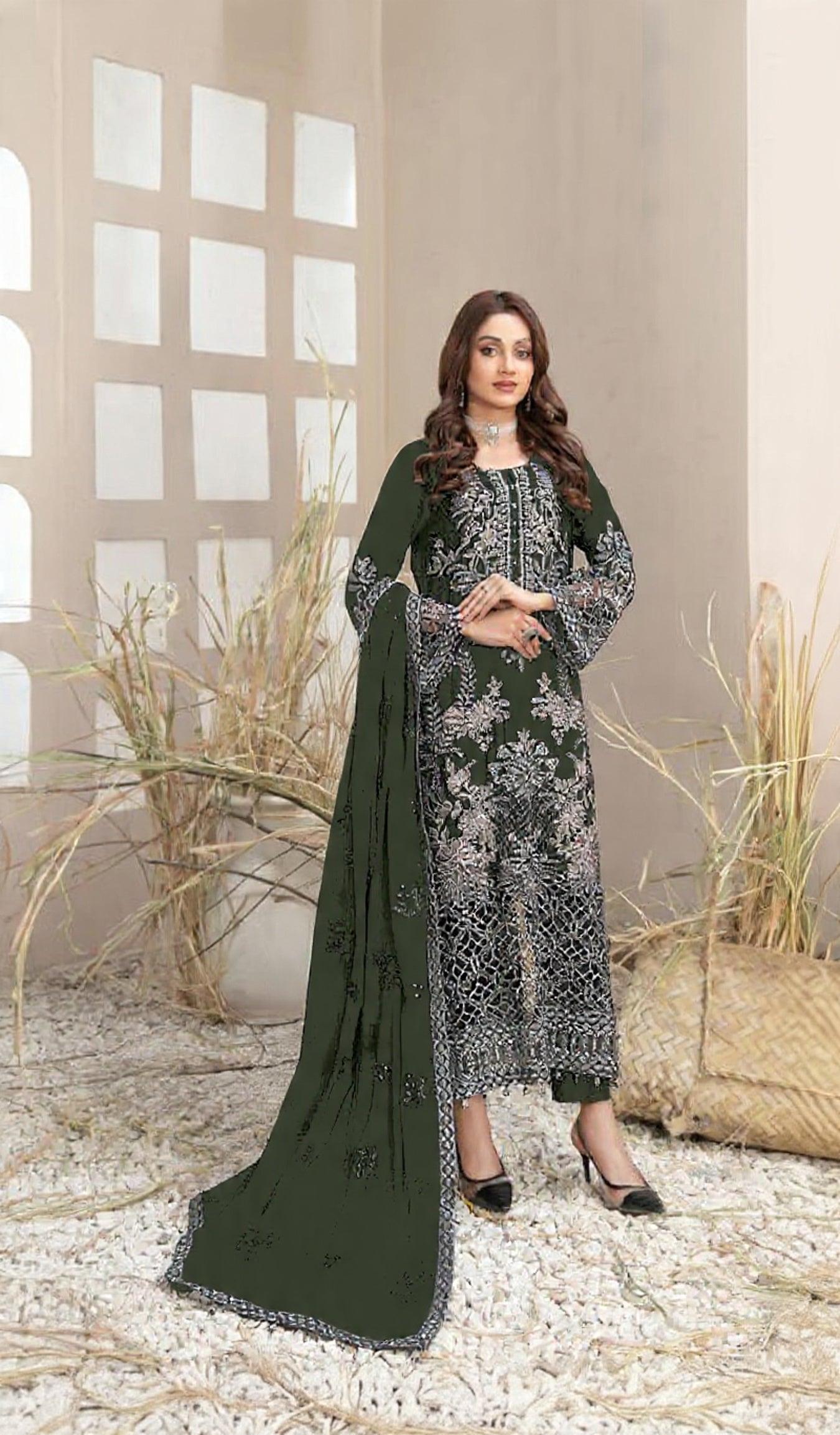 Dark Green Faux Georgette Semi Stitched Suit with Embroidery Work