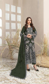 Dark Green Faux Georgette Semi Stitched Suit with Embroidery Work