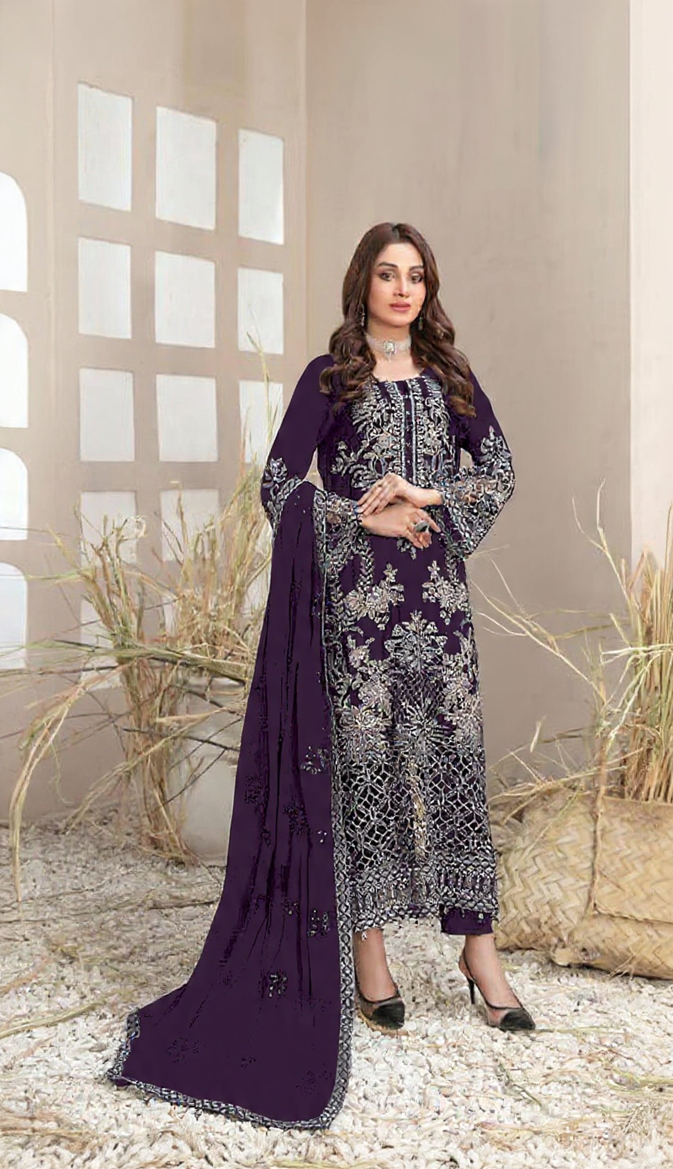 Dark Purple Faux Georgette Semi Stitched Suit with Embroidery Work