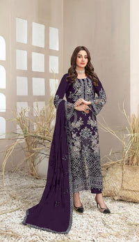 Dark Purple Faux Georgette Semi Stitched Suit with Embroidery Work