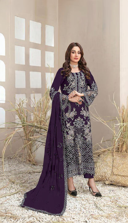 Dark Purple Faux Georgette Semi Stitched Suit with Embroidery Work