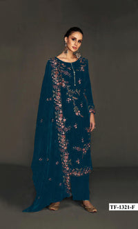 Teal Pure Velvet Semi Stitched Suit with Heavy Embroidery Sequence Work
