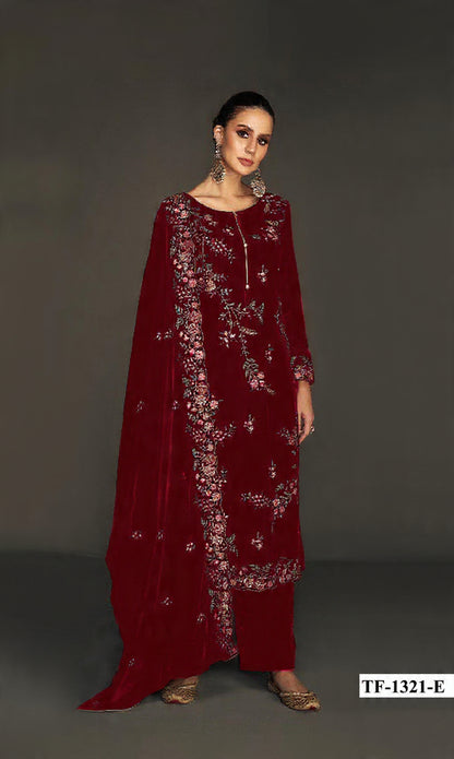 Maroon Pure Velvet Semi Stitched Suit with Heavy Embroidery Sequence Work