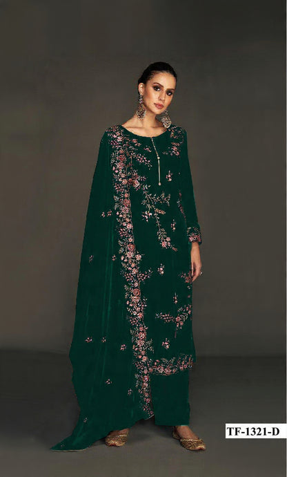 Green Pure Velvet Semi Stitched Suit with Heavy Embroidery Sequence Work