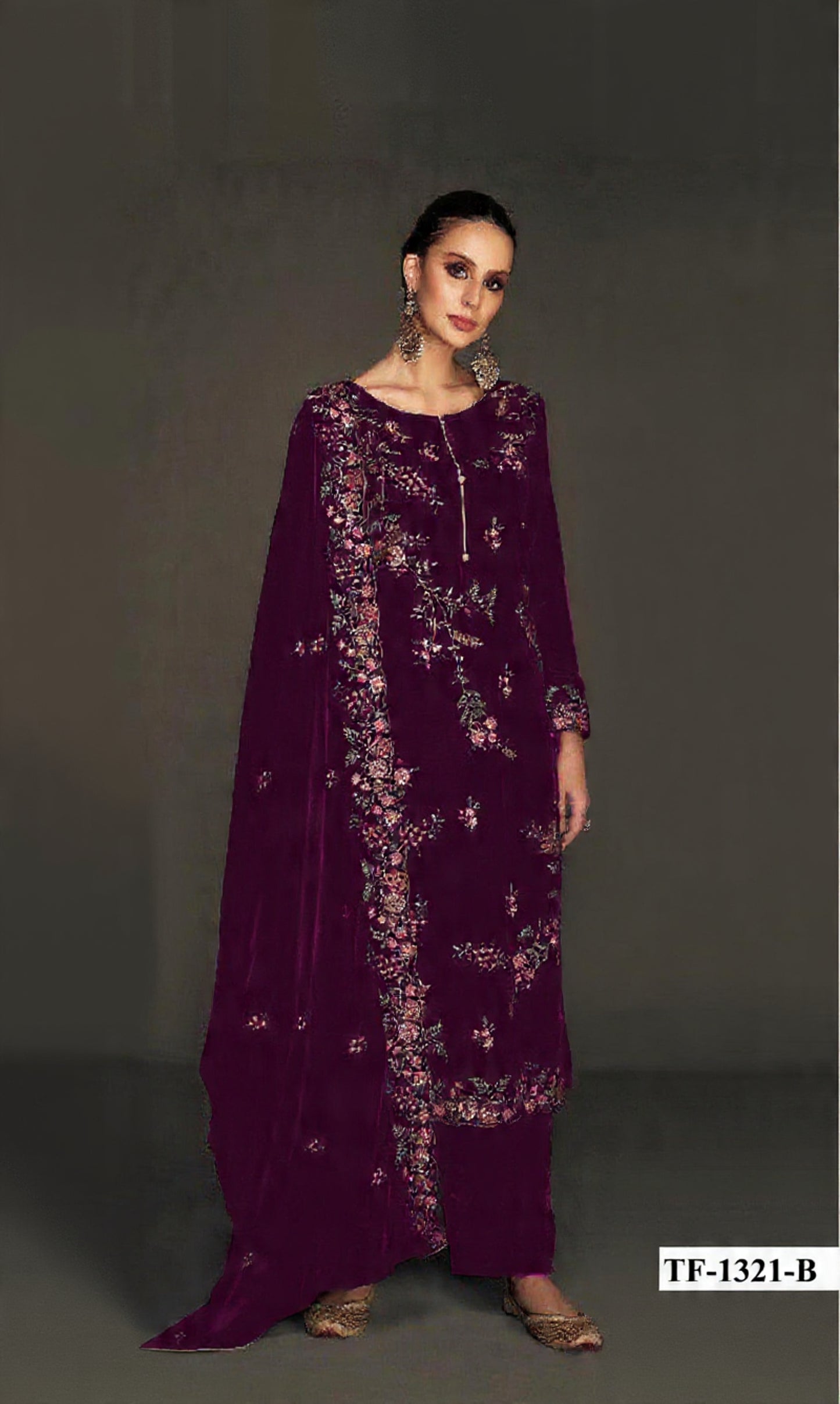 Purple Pure Velvet Semi Stitched Suit with Heavy Embroidery Sequence Work