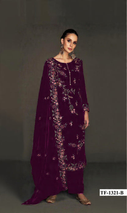 Purple Pure Velvet Semi Stitched Suit with Heavy Embroidery Sequence Work