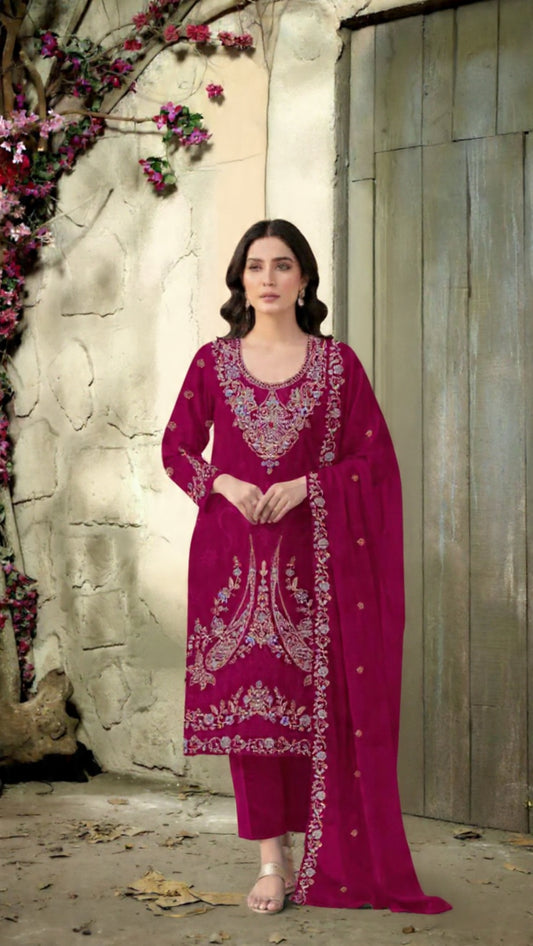 Red Velvet Semi Stitched Suit with Embroidery Codding Work