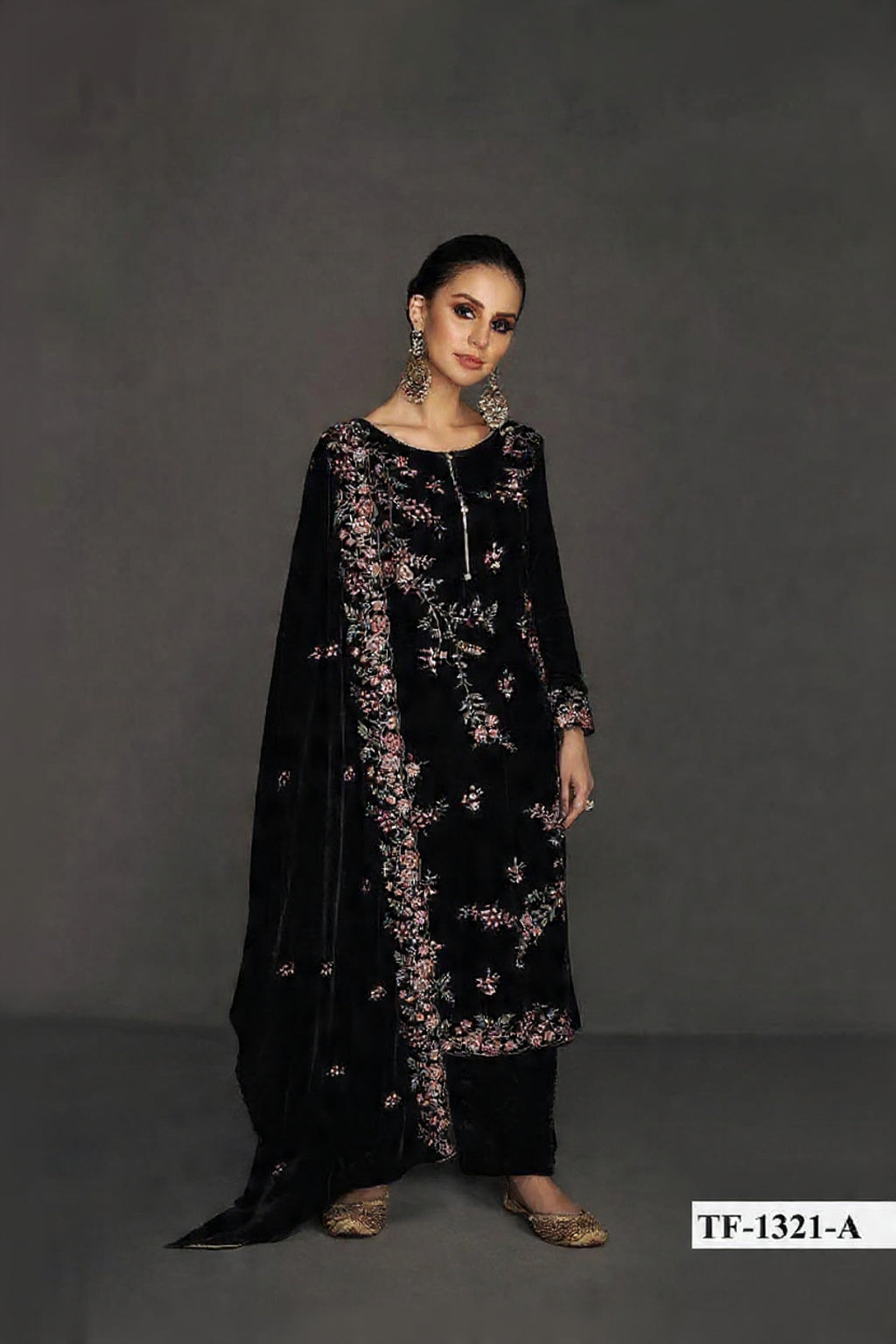 Black Pure Velvet Semi Stitched Suit with Heavy Embroidery Sequence Work
