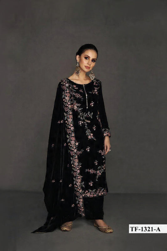 Black Pure Velvet Semi Stitched Suit with Heavy Embroidery Sequence Work