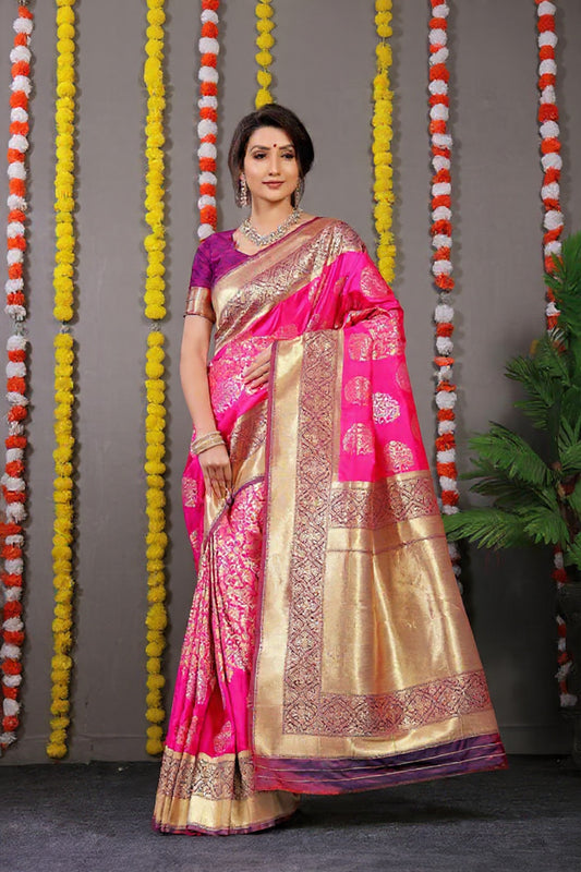Pink Woven Design Pure Silk Banarasi Saree With Blouse