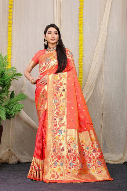 Peach Woven Design Pure Silk Banarasi Saree With Blouse