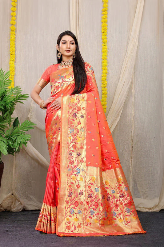 Peach Woven Design Pure Silk Banarasi Saree With Blouse