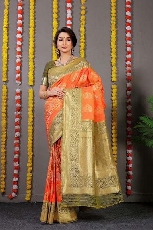 Orange Woven Design Pure Silk Banarasi Saree With Blouse
