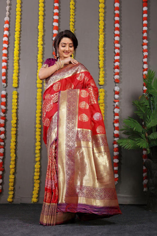 Red Woven Design Pure Silk Banarasi Saree With Blouse