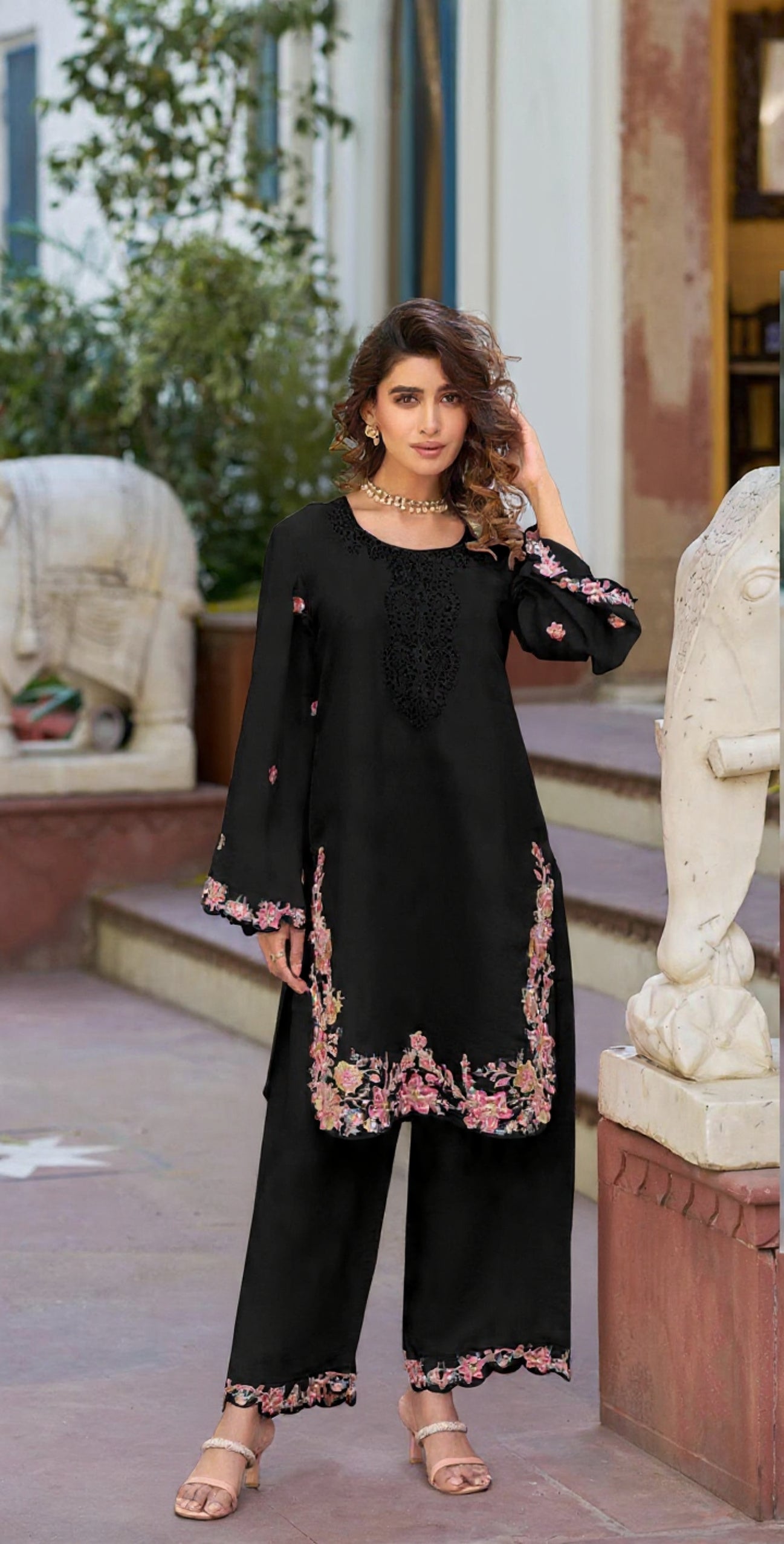 Black Embroidered and Viscose Thread work Cotton Semi Stitched Salwar Suit