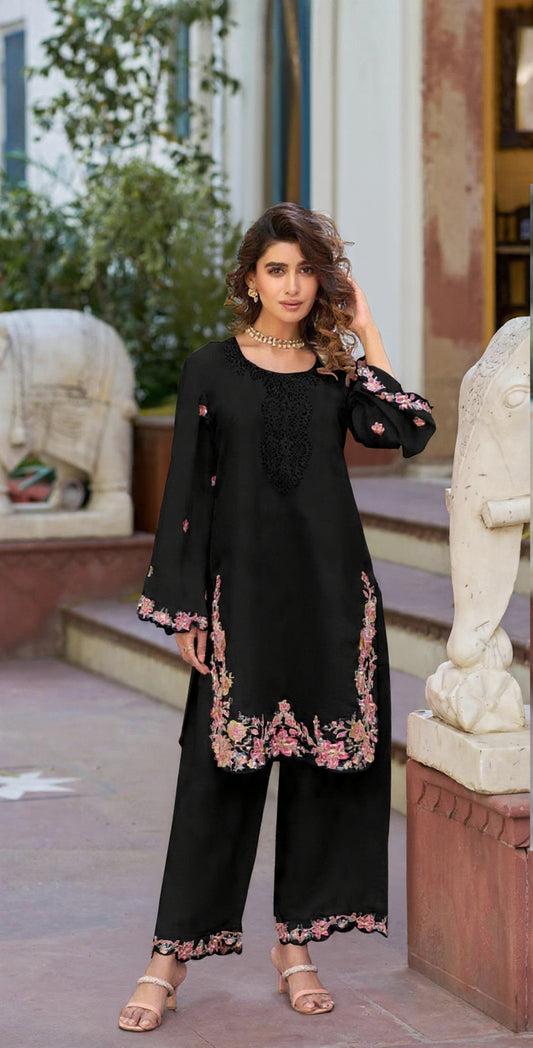 Black Embroidered and Viscose Thread work Cotton Semi Stitched Salwar Suit