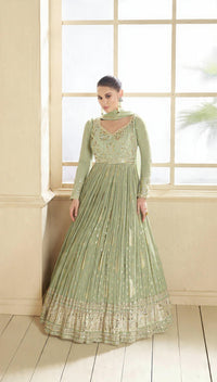 Mehendi Embroidered Viscose Jacquard Semi Stitched Anarkali Suit