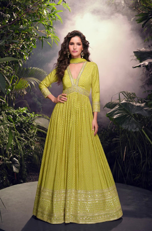 lime Viscose Simar Jacquard Stiched Hand Made Khatli Work Anarkali Gown (Free Size)
