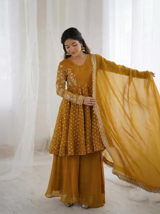 premium mustard georgette sharara suit for haldi ceremony partywear ethnic wear” “mustard heavy work sharara kurti set with dupatta for ladies trending 2026 fashion
