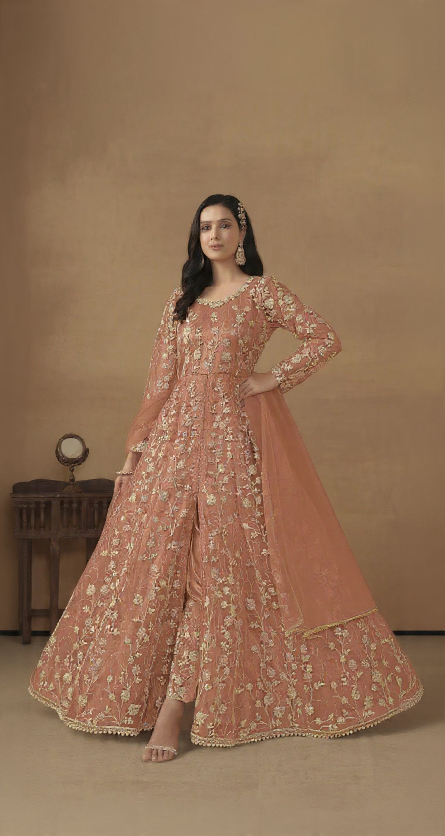 Orange Embroidered Butterfly Net Semi Stitched Anarkali Suit