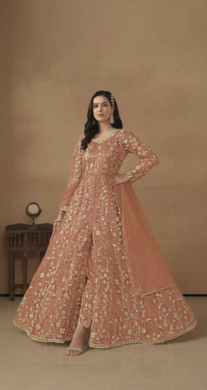 Orange Embroidered Butterfly Net Semi Stitched Anarkali Suit