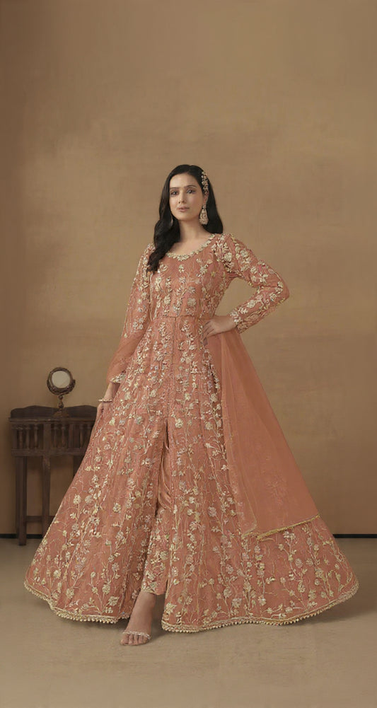 Orange Embroidered Butterfly Net Semi Stitched Anarkali Suit