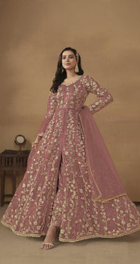 Peach Embroidered Butterfly Net Semi Stitched Anarkali Suit