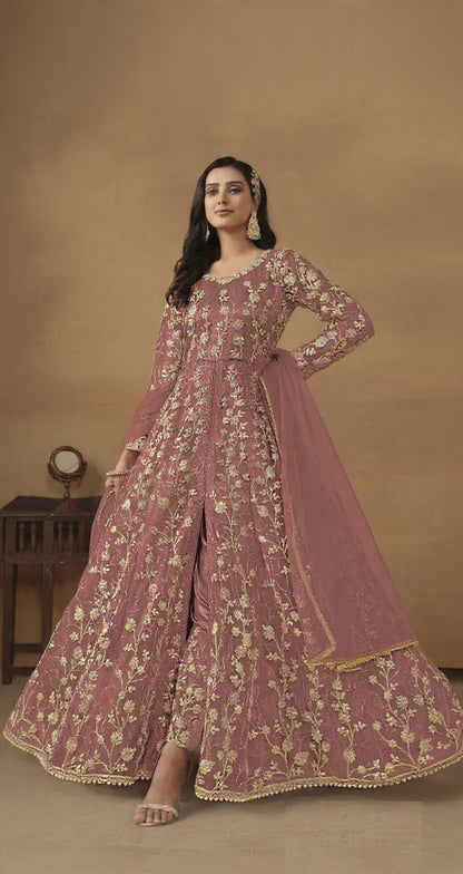 Peach Embroidered Butterfly Net Semi Stitched Anarkali Suit