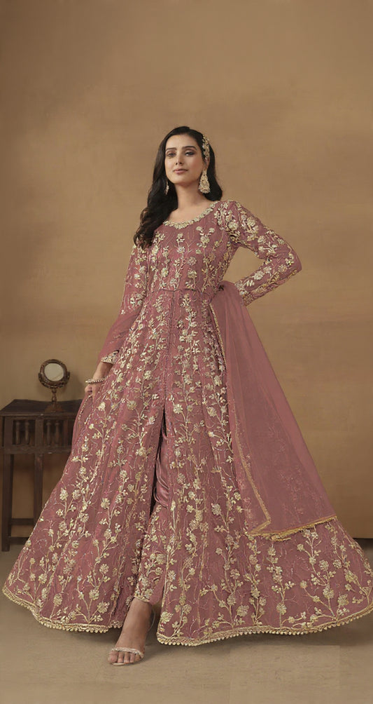 Peach Embroidered Butterfly Net Semi Stitched Anarkali Suit
