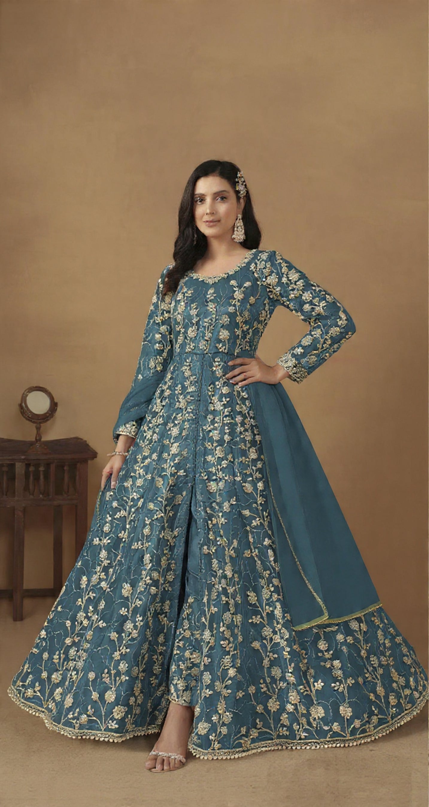 Dark Grey Embroidered Butterfly Net Semi Stitched Anarkali Suit