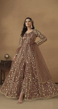 Brown Embroidered Butterfly Net Semi Stitched Anarkali Suit