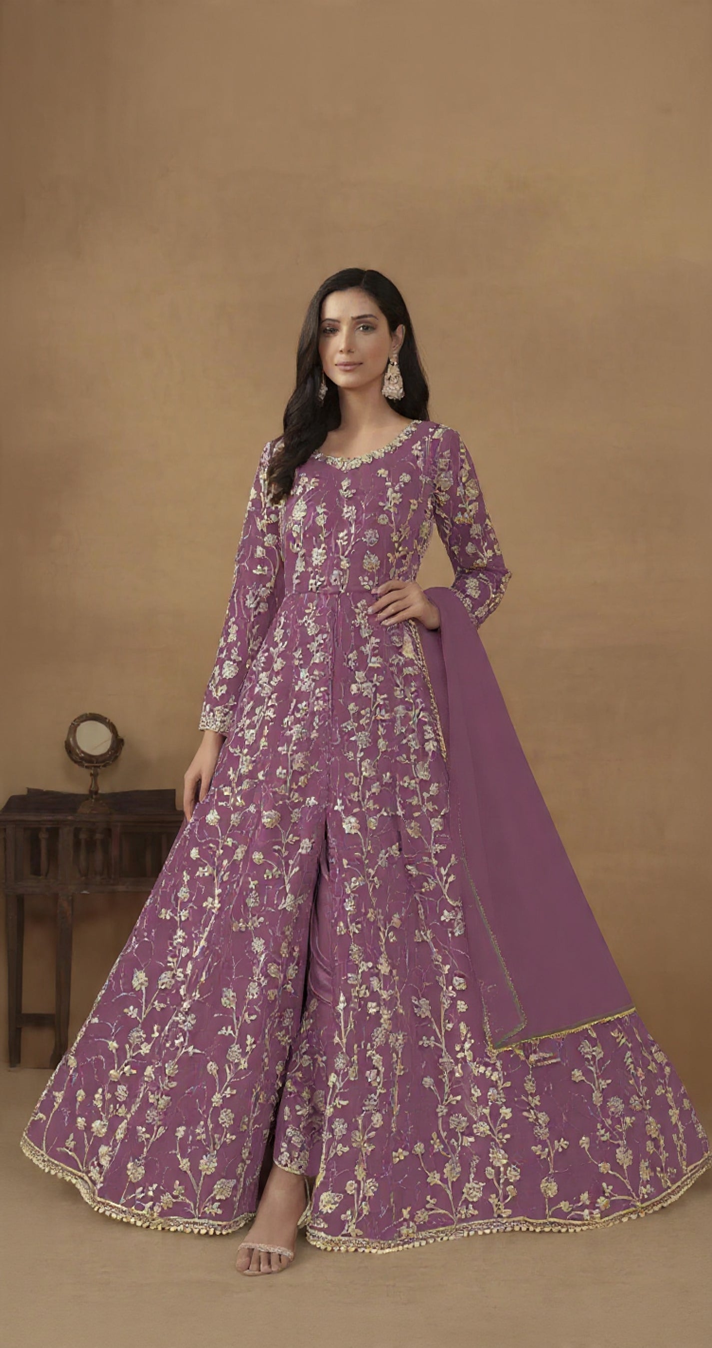 Lavender Embroidered Butterfly Net Semi Stitched Anarkali Suit
