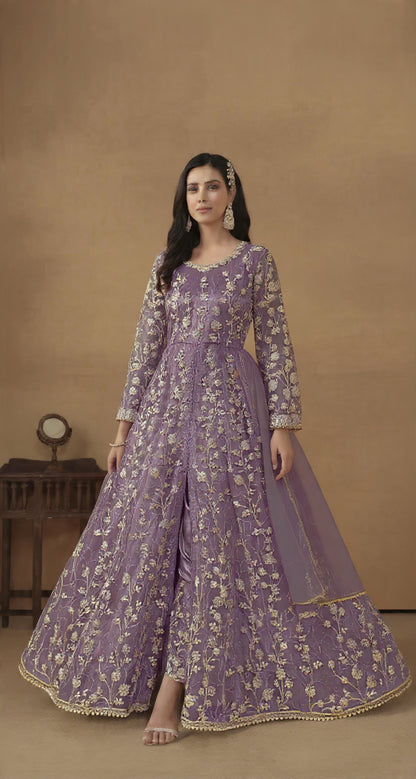 Purple Embroidered Butterfly Net Semi Stitched Anarkali Suit
