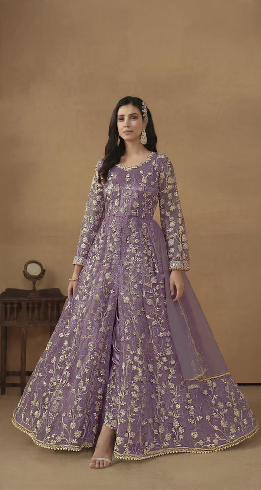 Purple Embroidered Butterfly Net Semi Stitched Anarkali Suit