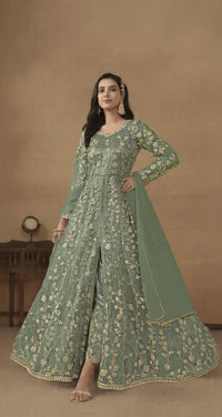 Light Green Embroidered Butterfly Net Semi Stitched Anarkali Suit