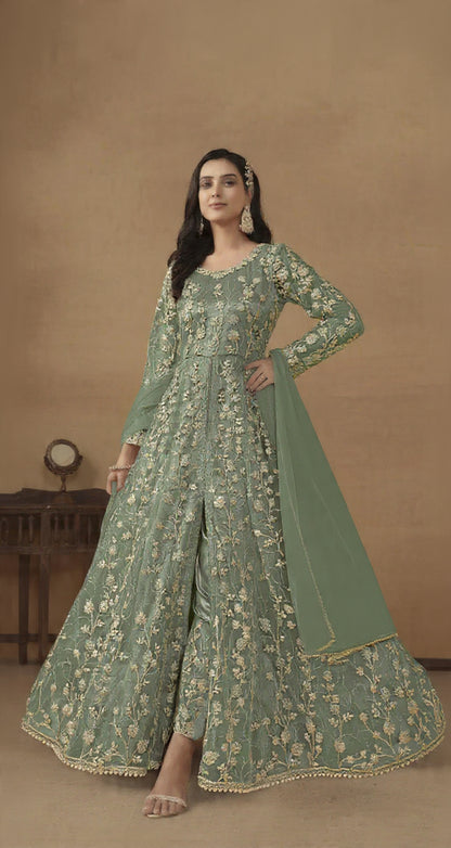 Light Green Embroidered Butterfly Net Semi Stitched Anarkali Suit