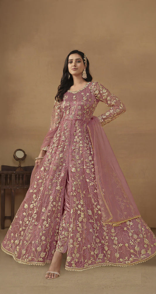 Pink Embroidered Butterfly Net Semi Stitched Anarkali Suit