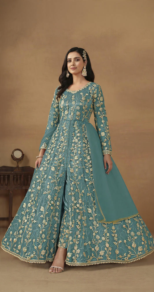 Sky Blue Embroidered Butterfly Net Semi Stitched Anarkali Suit