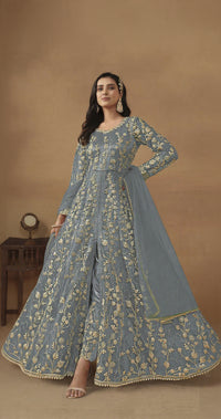 Grey Embroidered Butterfly Net Semi Stitched Anarkali Suit