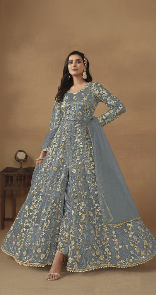 Grey Embroidered Butterfly Net Semi Stitched Anarkali Suit