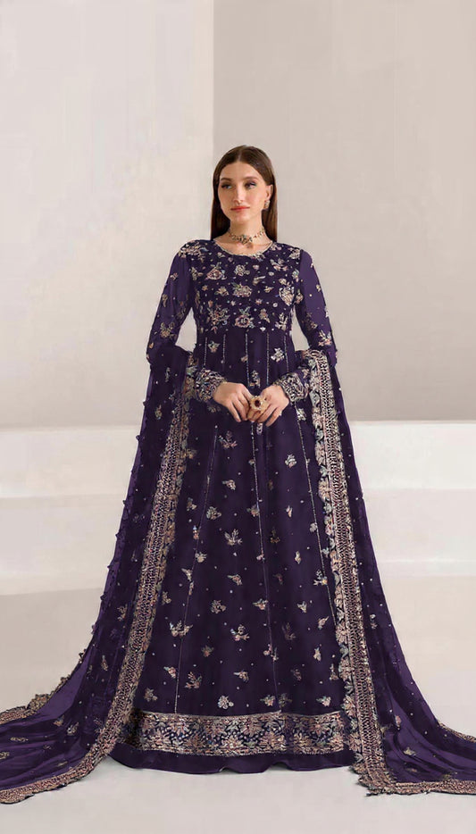 Purple Fauk Gerogette Sequence Embroidered Semi Stitched Salwar Suit