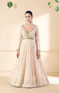 Cream Embroidered Viscose Jacquard Semi Stitched Anarkali Suit