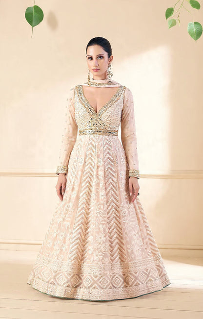 Cream Embroidered Viscose Jacquard Semi Stitched Anarkali Suit