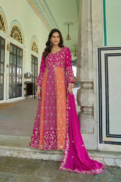 Magenta Silk Semi Stitched Anarkali Suit with Embroidery & Sequins Work