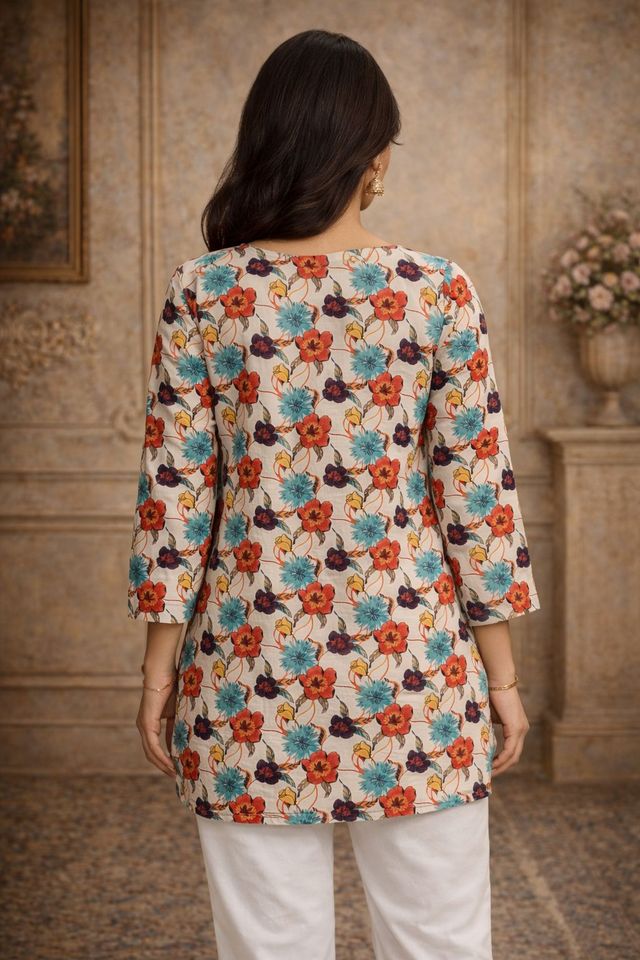 Off White Color Designer Digital Printed Muslin Fabric Foral Ethnic Kurta