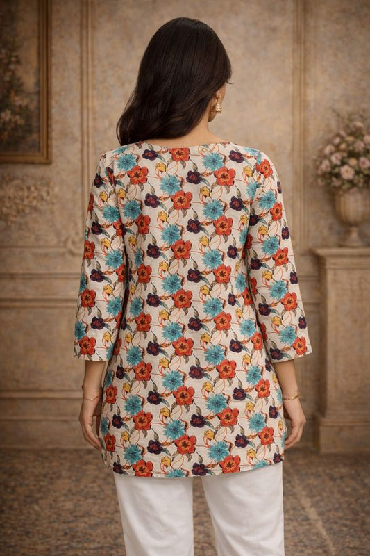Off White Color Designer Digital Printed Muslin Fabric Foral Ethnic Kurta